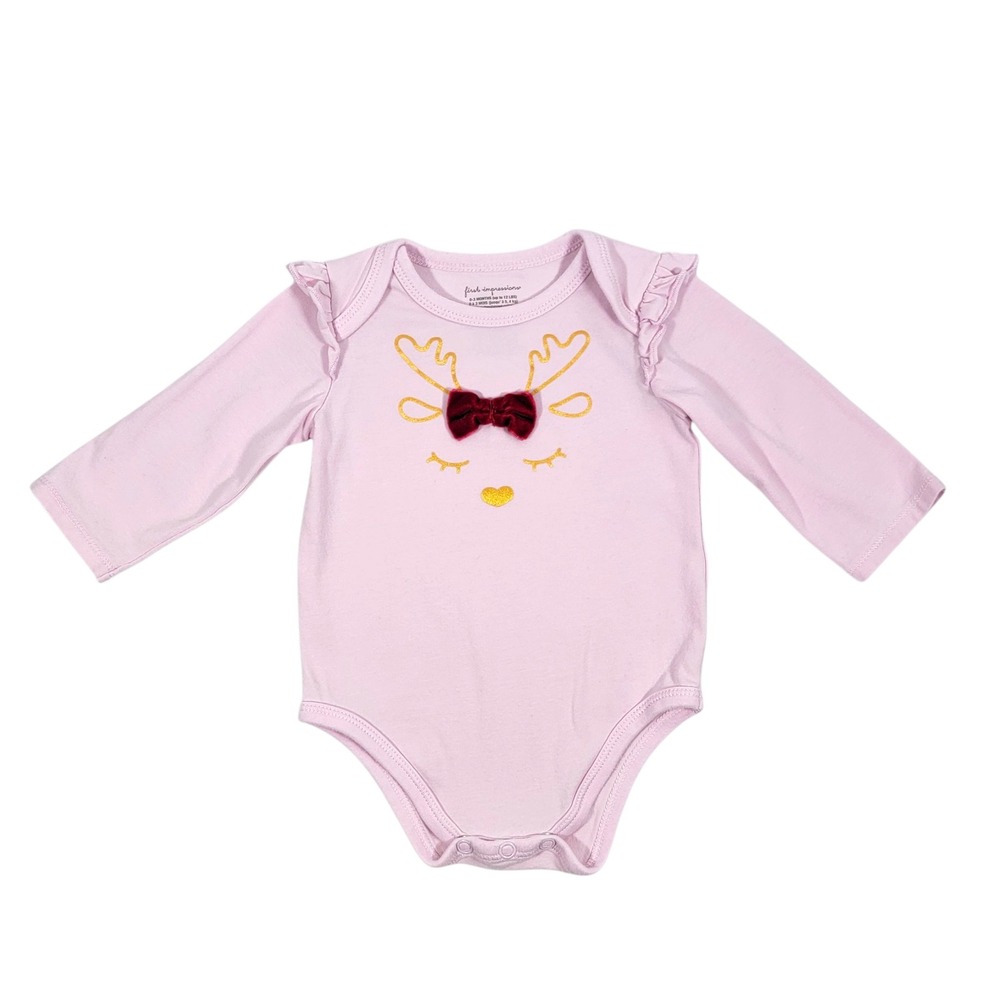 First Impressions Reindeer Bodysuit Girls Sz 0/3M Pink Gold Velvet Bow Christmas